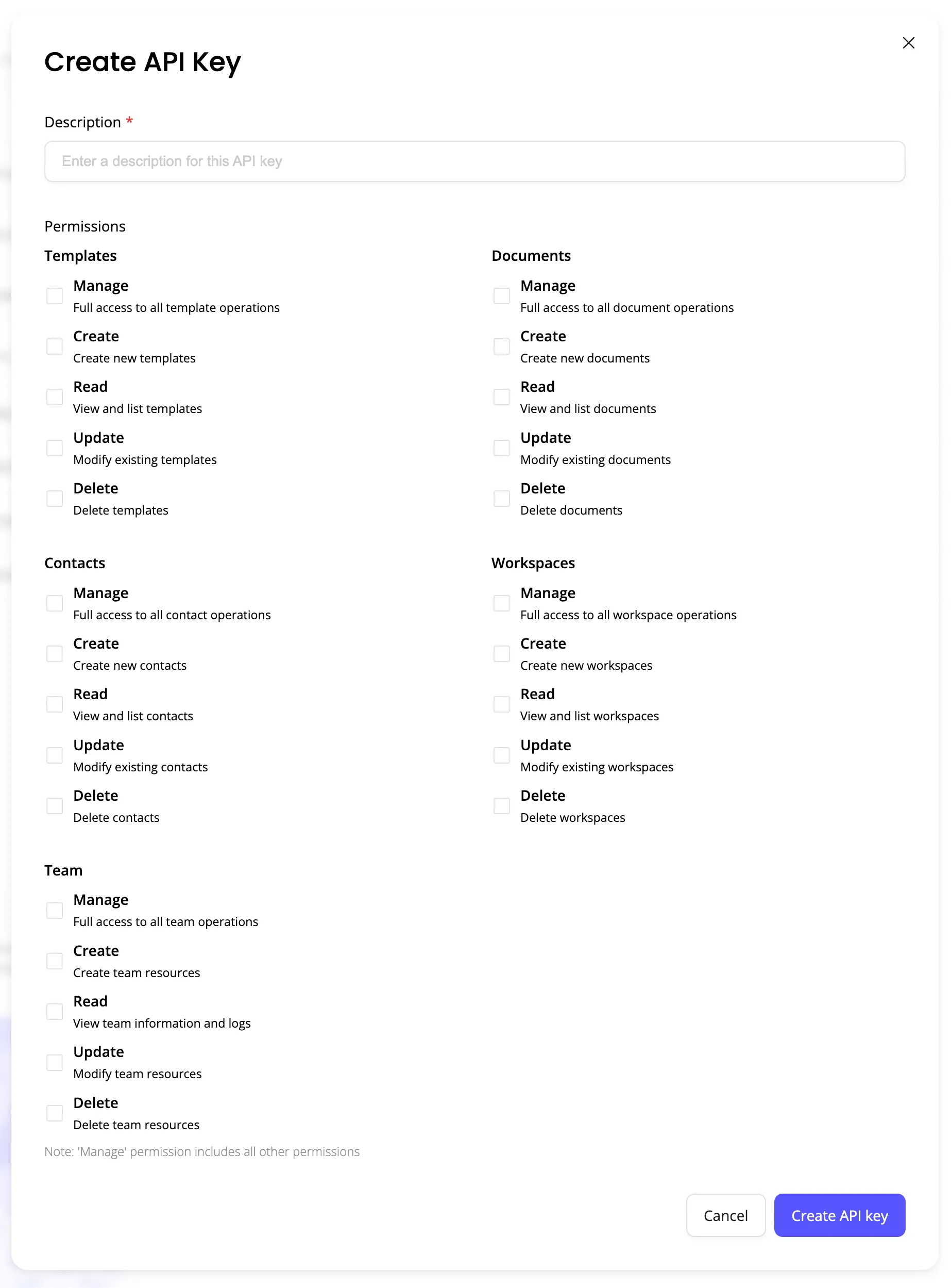 API key creation form