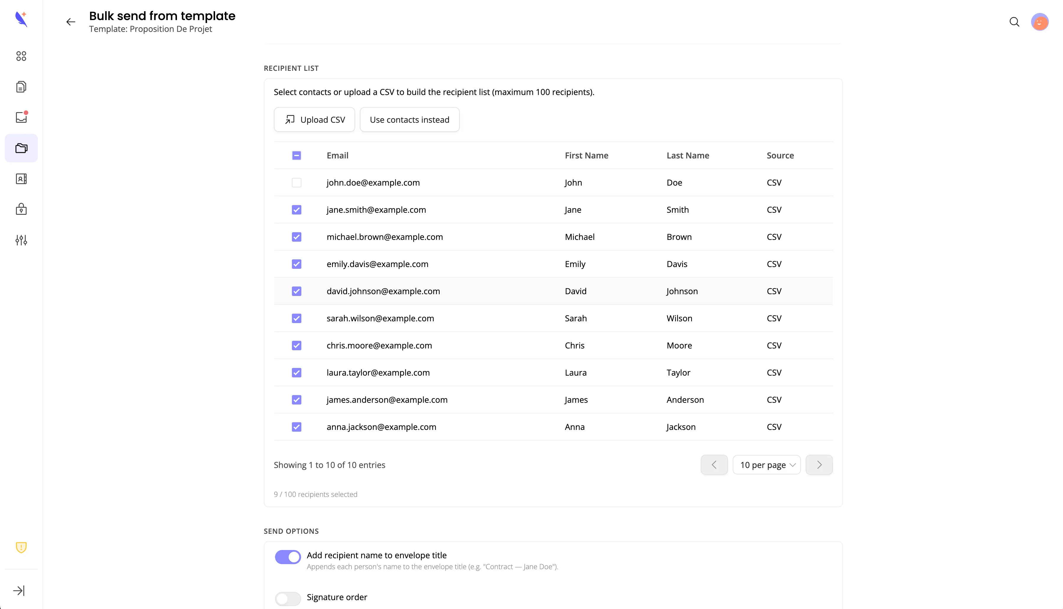 Bulk send from template page with recipient list and CSV upload