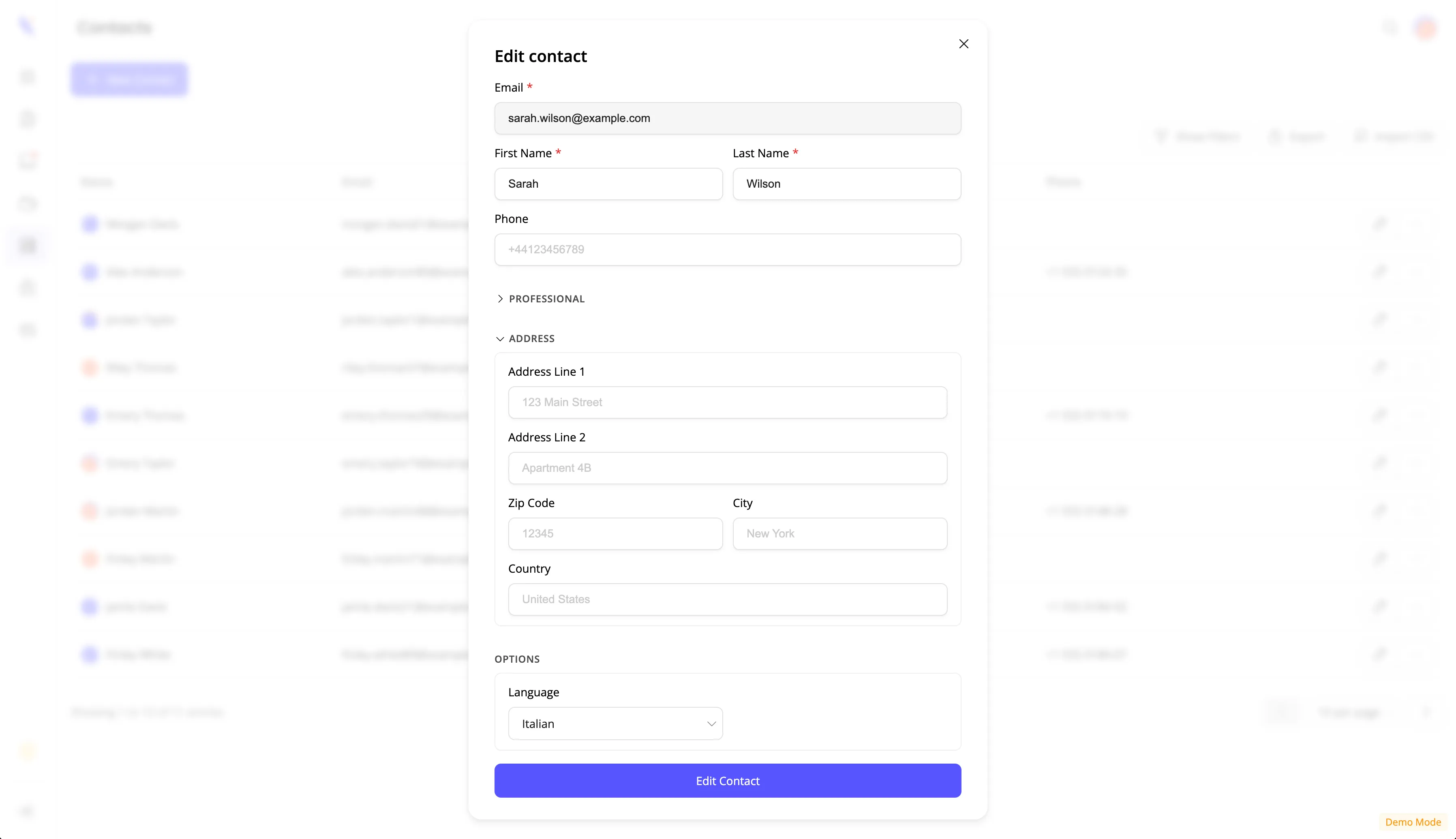 Contact edit form with name, email, company, language, and phone fields