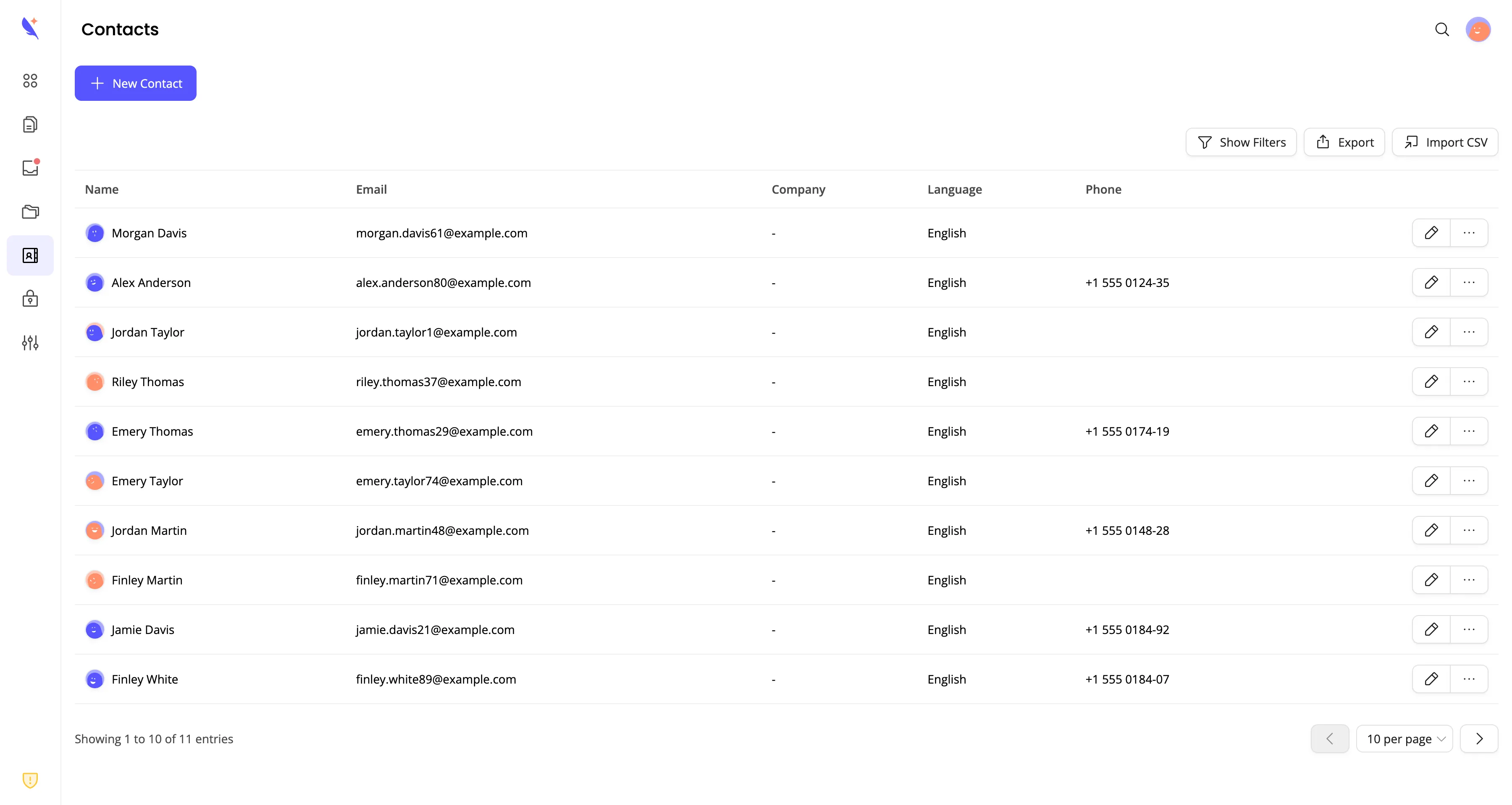 Contacts list with import CSV and new contact options