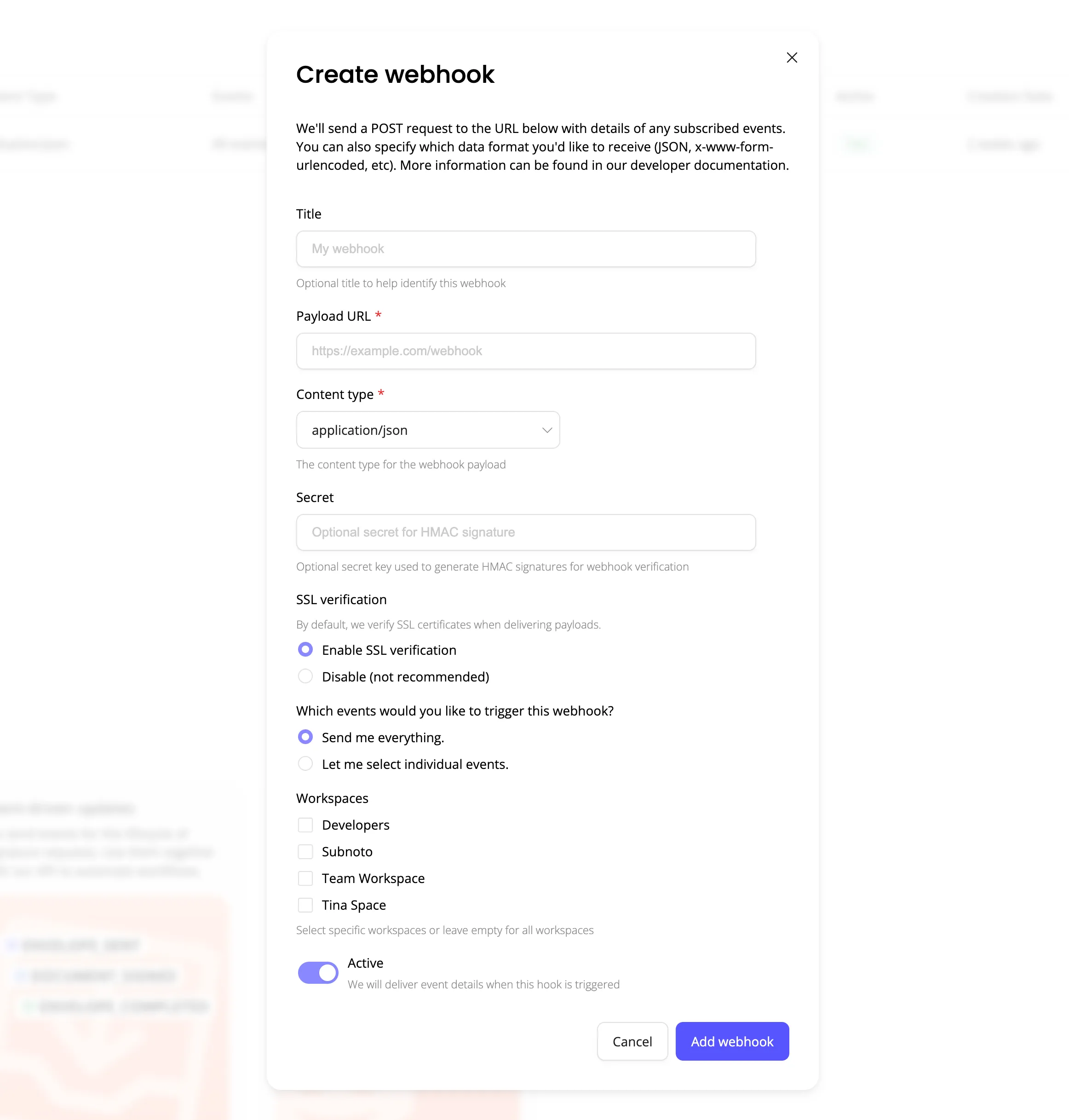 Create webhook form