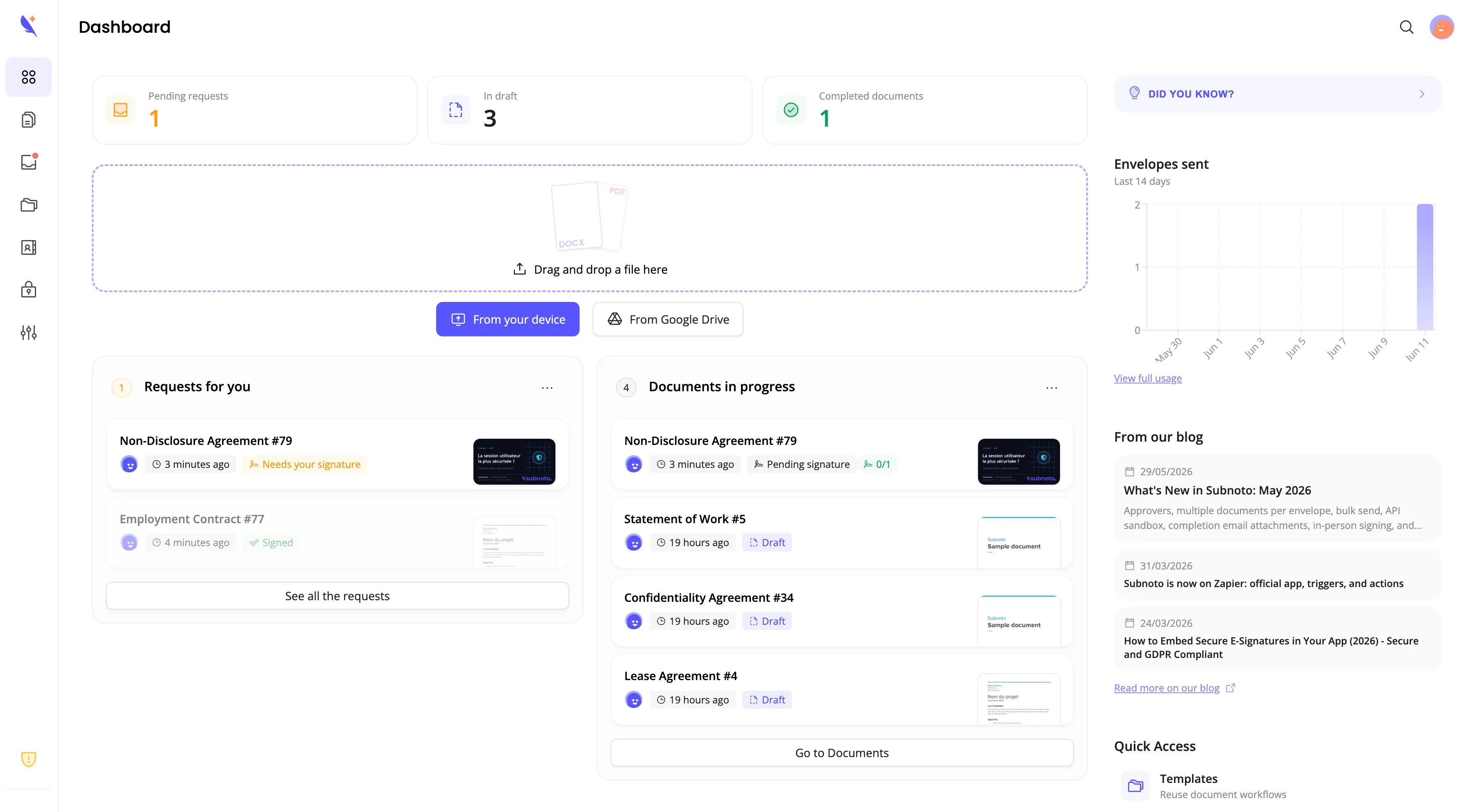 Subnoto dashboard showing upload area, pending requests, and documents in progress