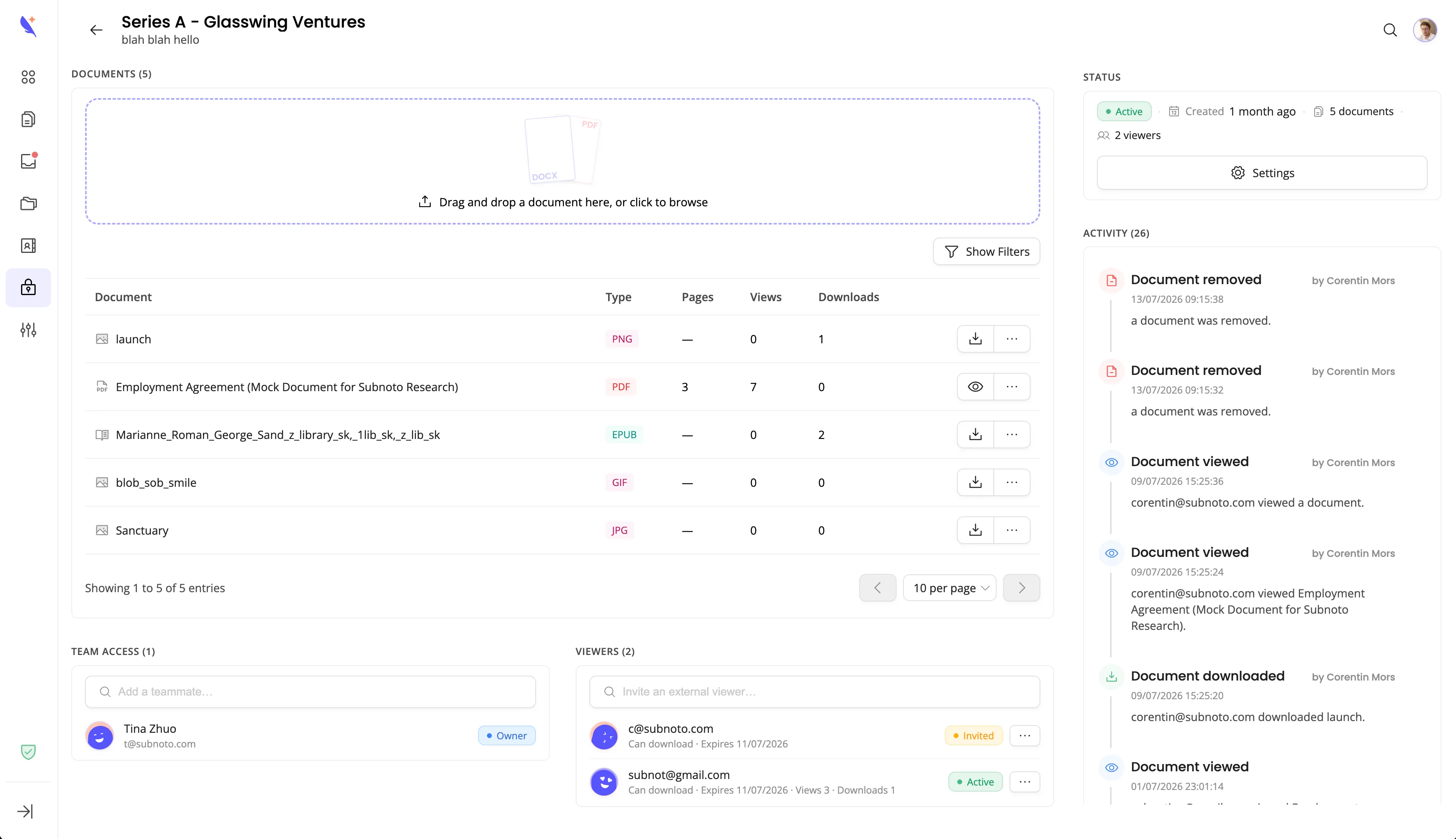 Dataroom owner view with documents, team access, invited viewers, and an activity log