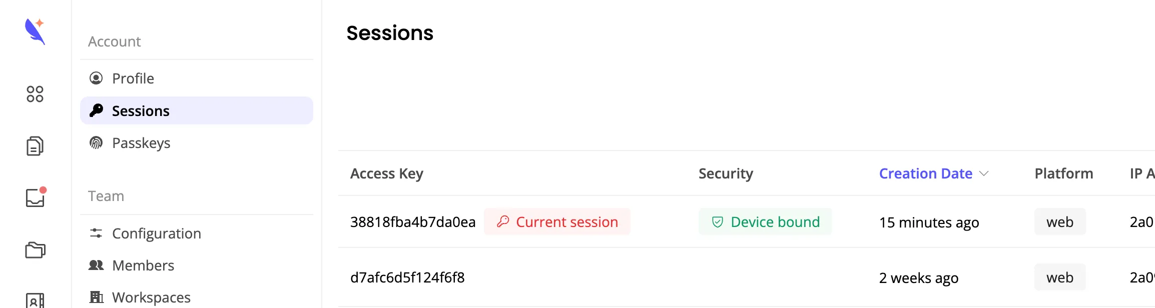 Subnoto Sessions page showing the Device bound badge