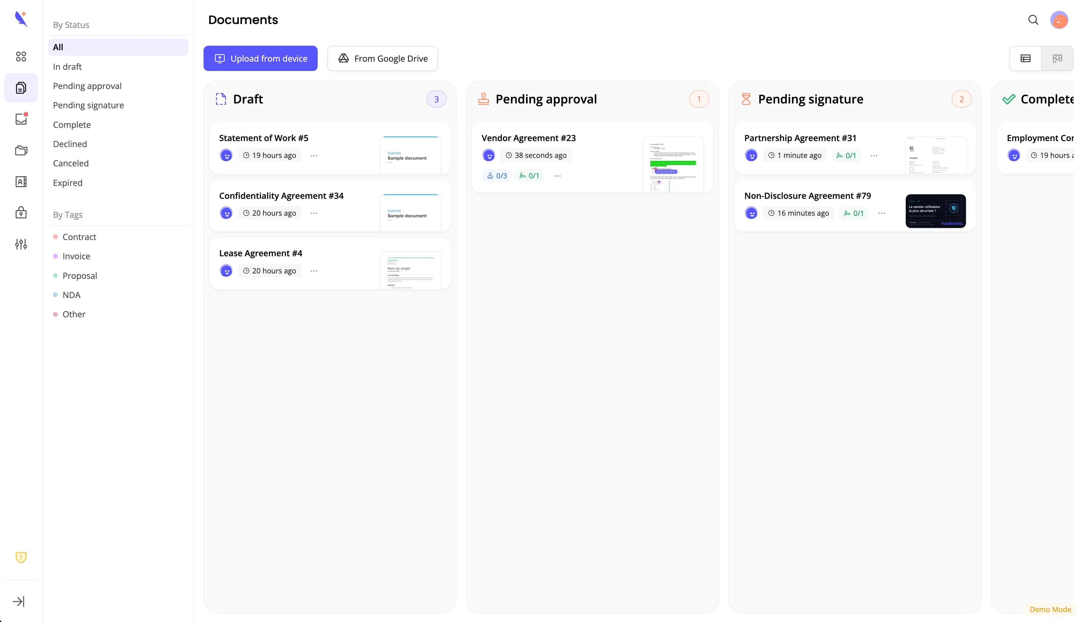 Documents board with columns for draft, pending approval, pending signature, and complete