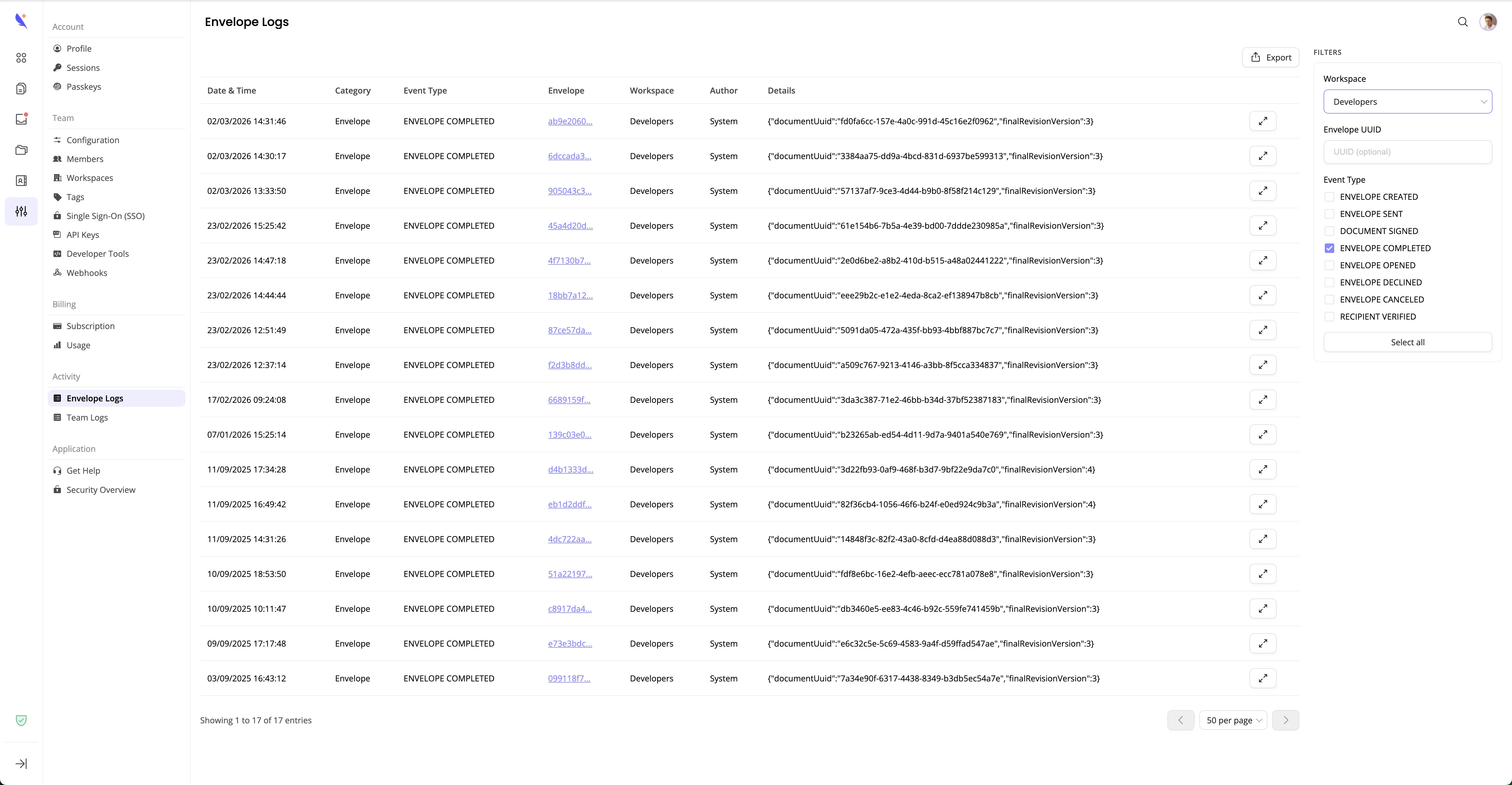 Detailed envelope log view showing timestamped events for a specific envelope