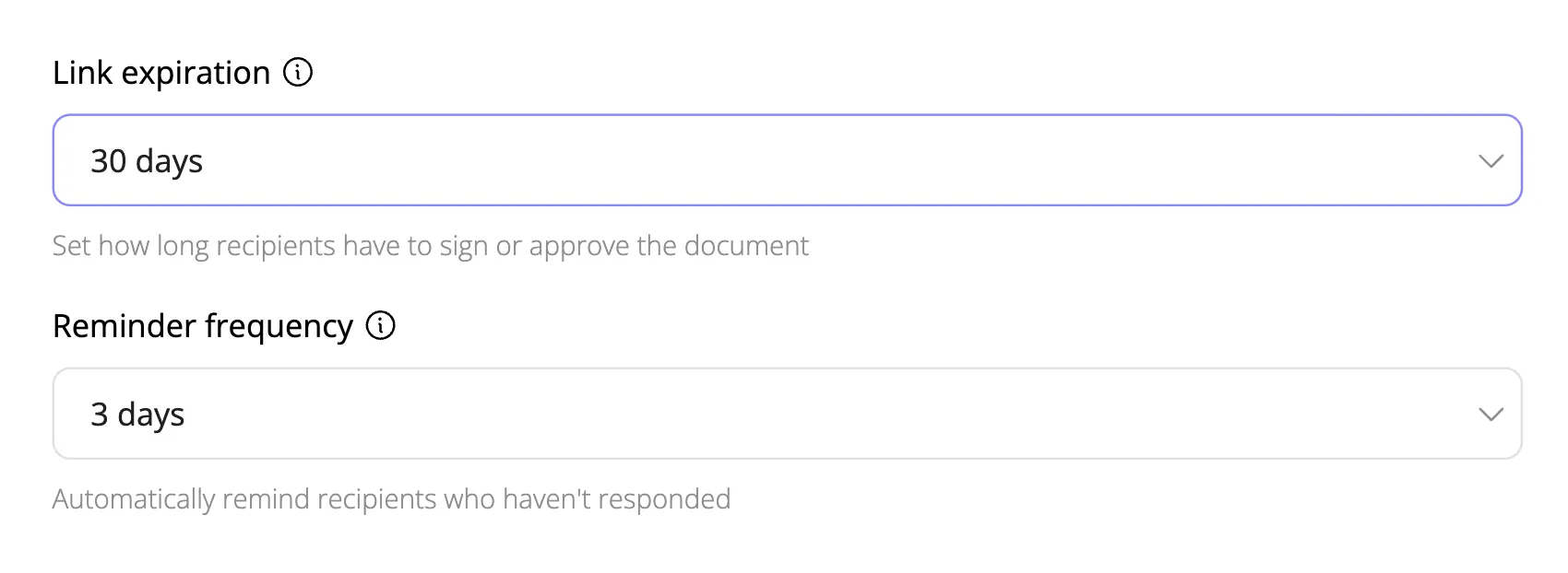 Expiration and reminder settings for signing links