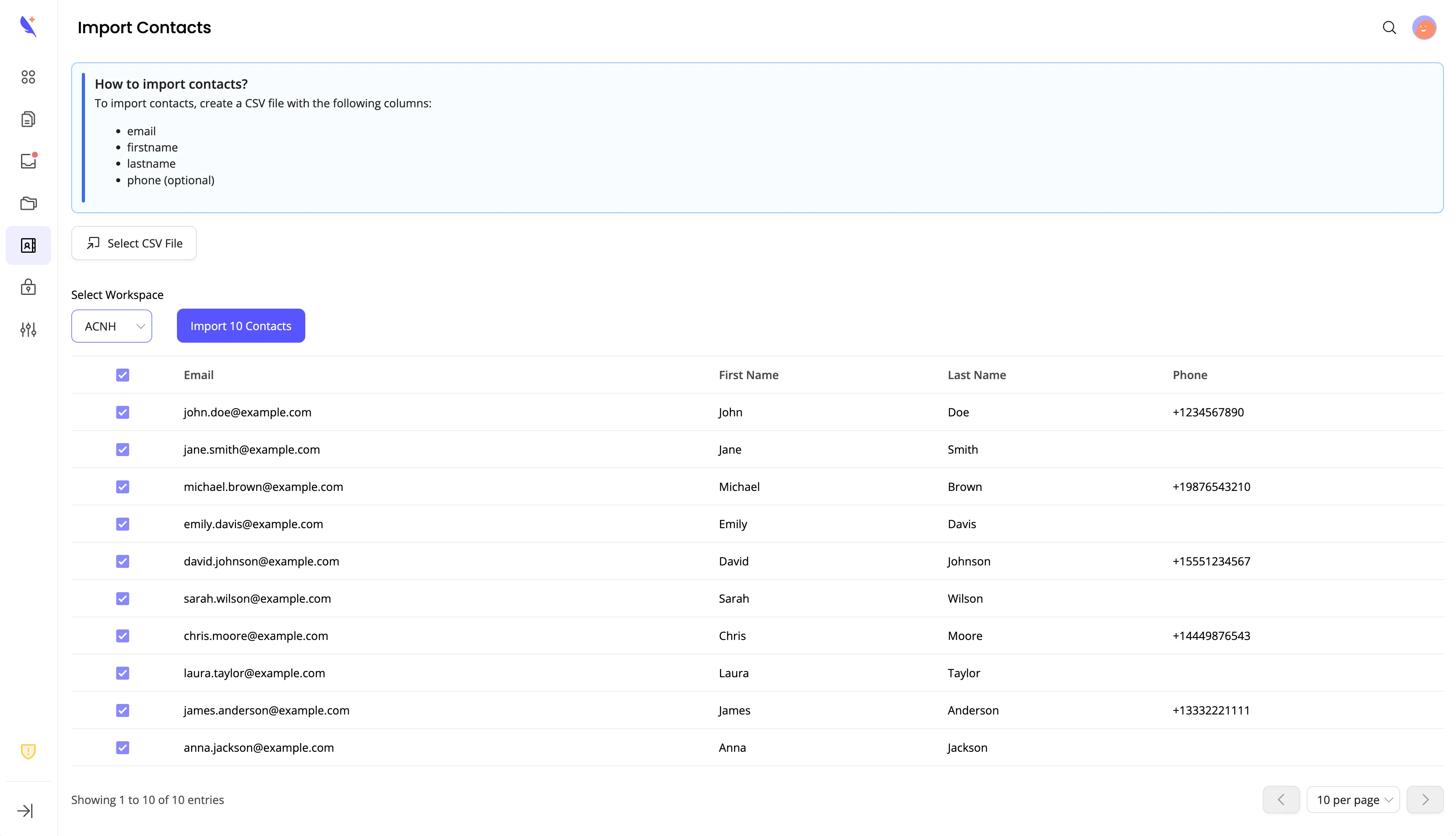 Import contacts page with CSV preview and column requirements