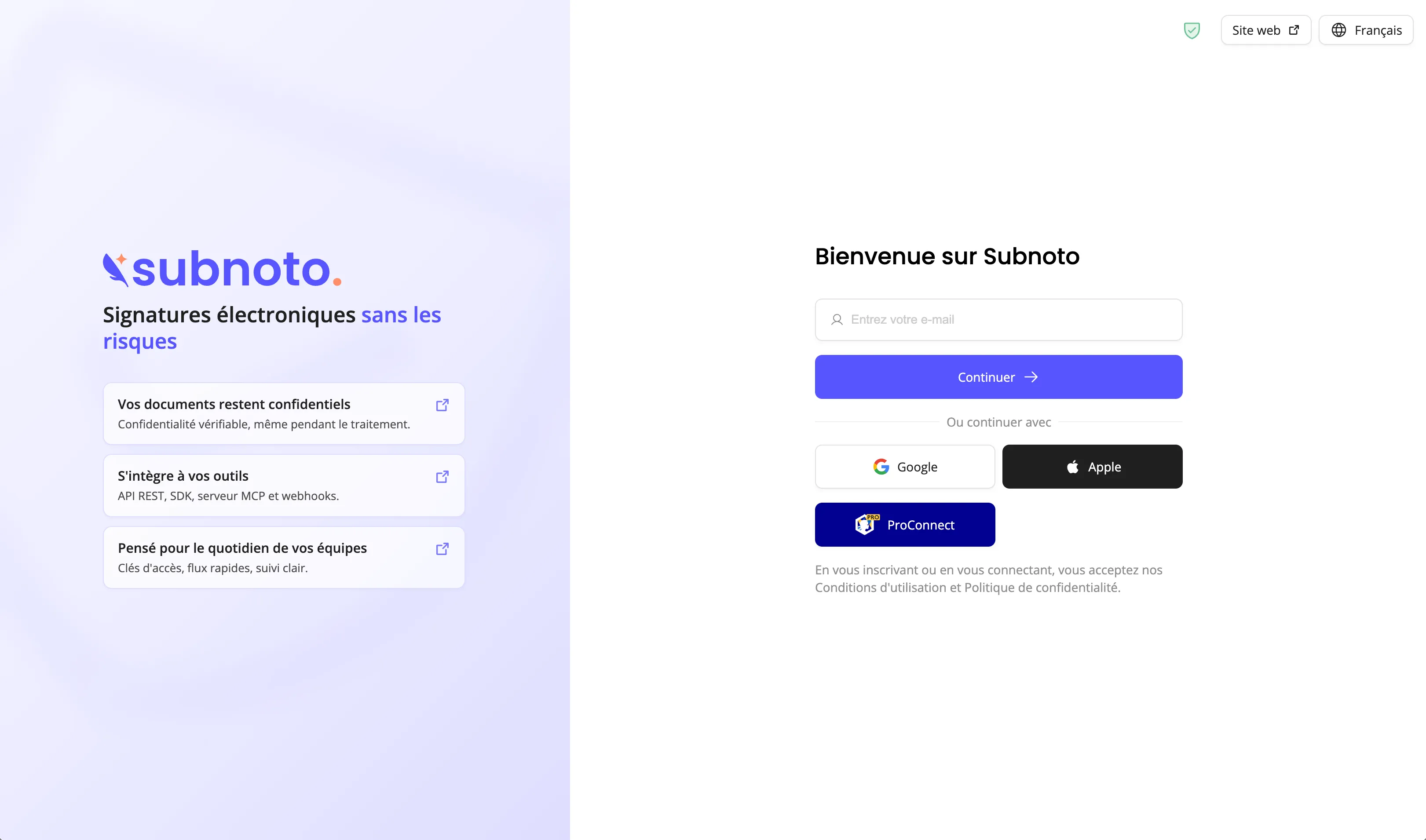 Page de connexion Subnoto avec authentification par clé d'accès et par e-mail