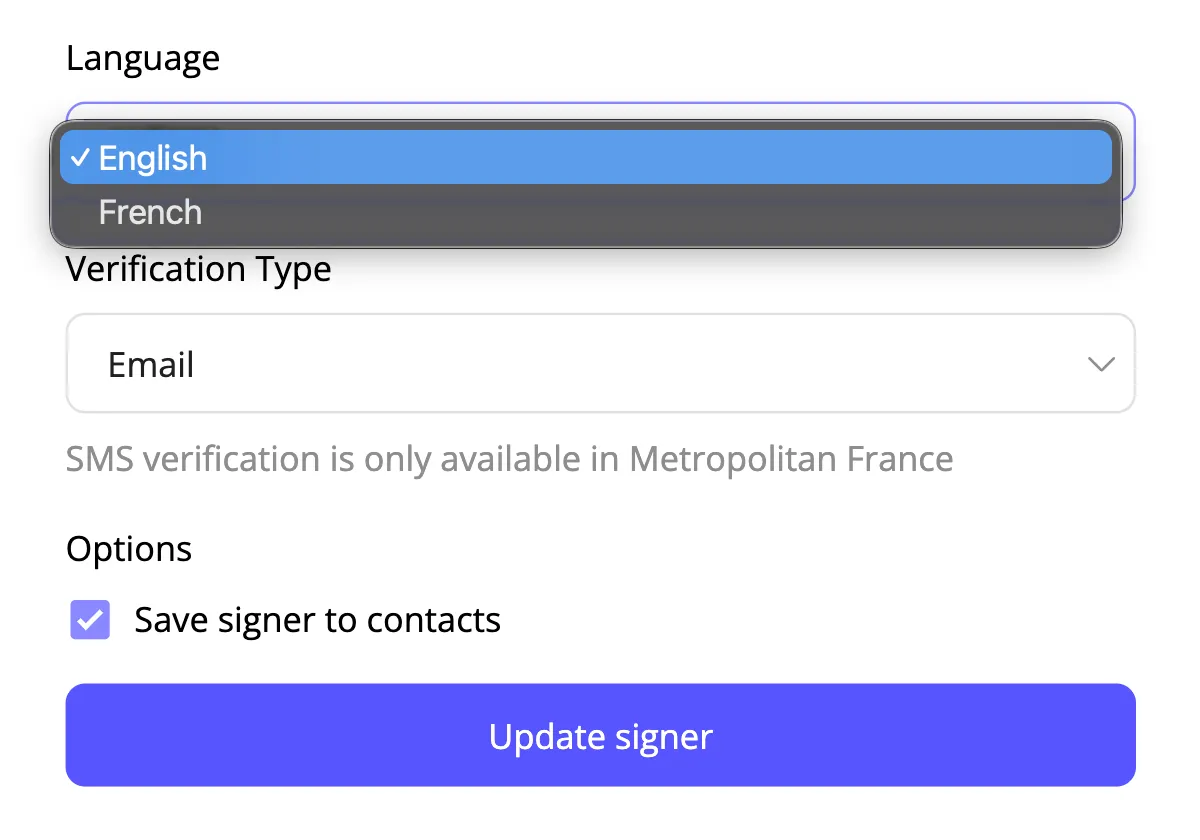 Per-signer language settings for English and French