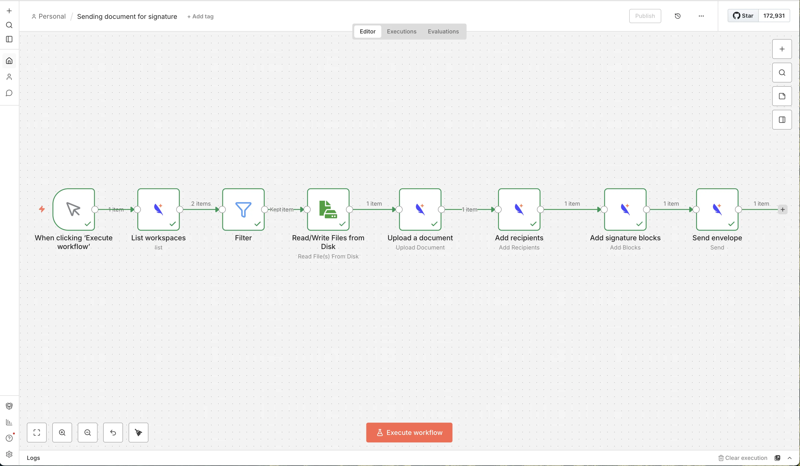 Example n8n workflow sending a document for signature with Subnoto
