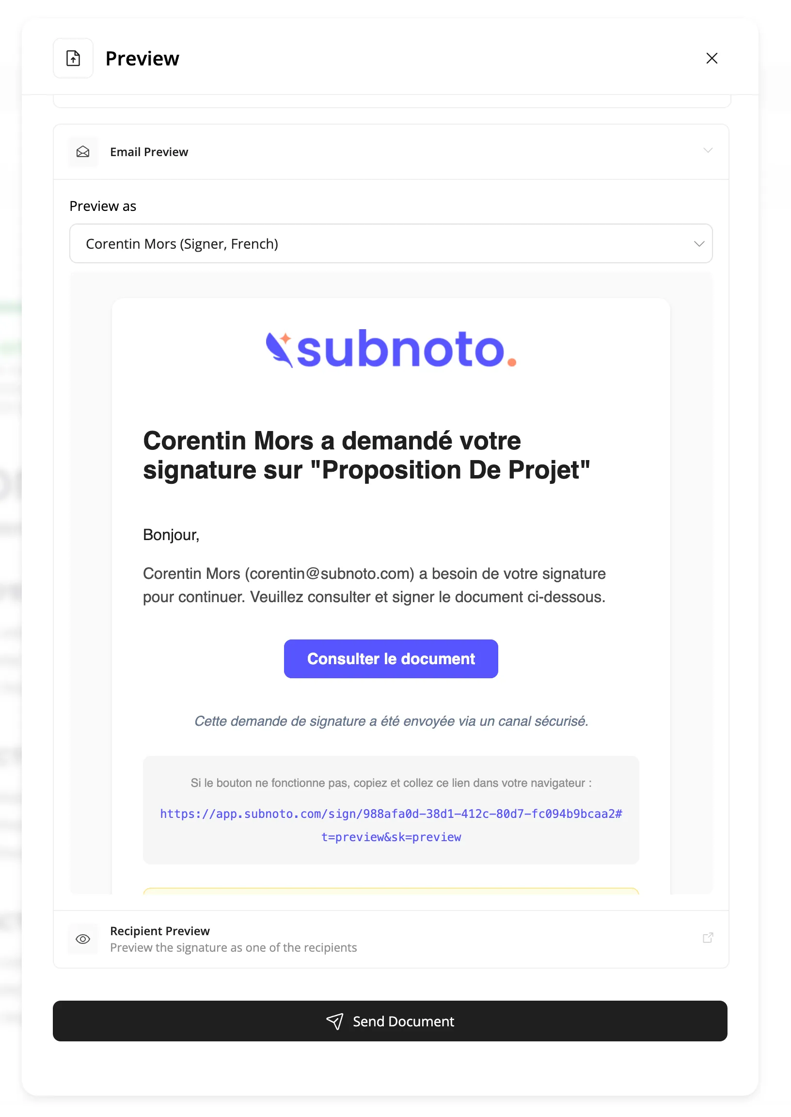 Aperçu de l'e-mail ouvert et ligne Aperçu destinataire