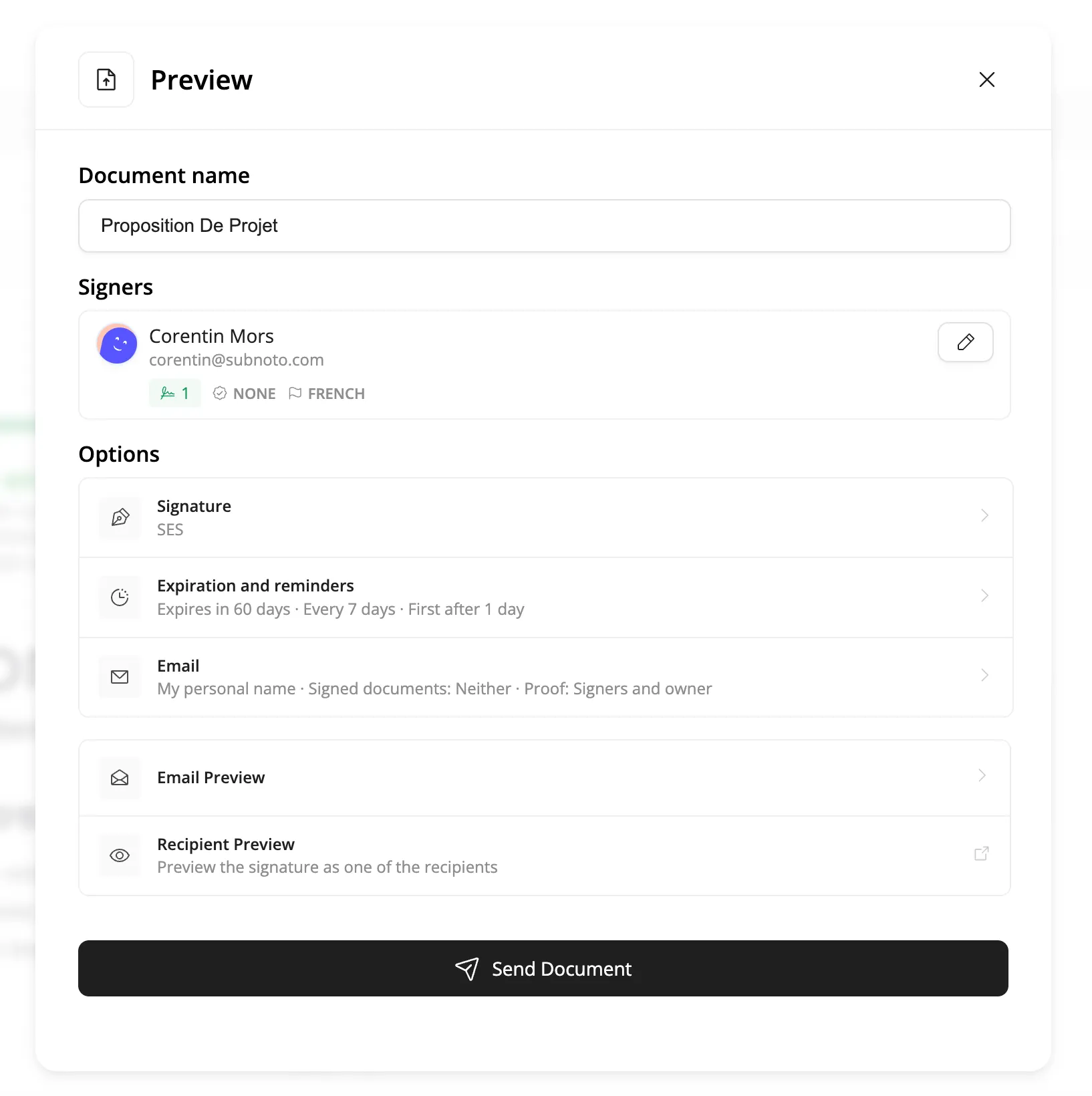 Fenêtre de prévisualisation avec les lignes Options