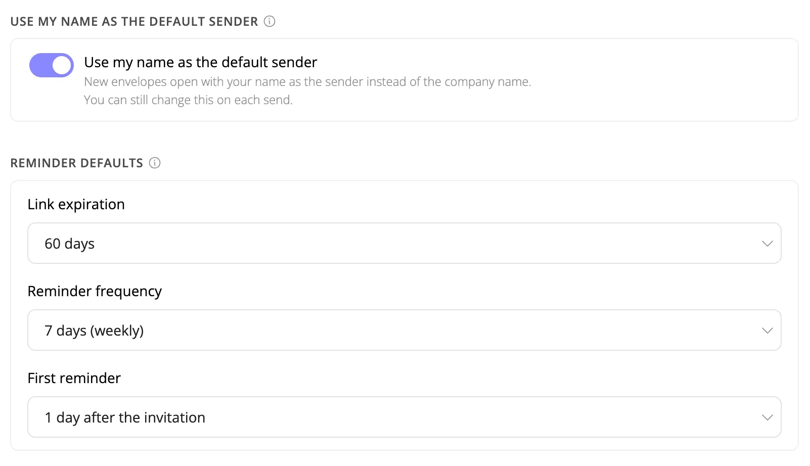 Profile page with sender name switch and reminder defaults