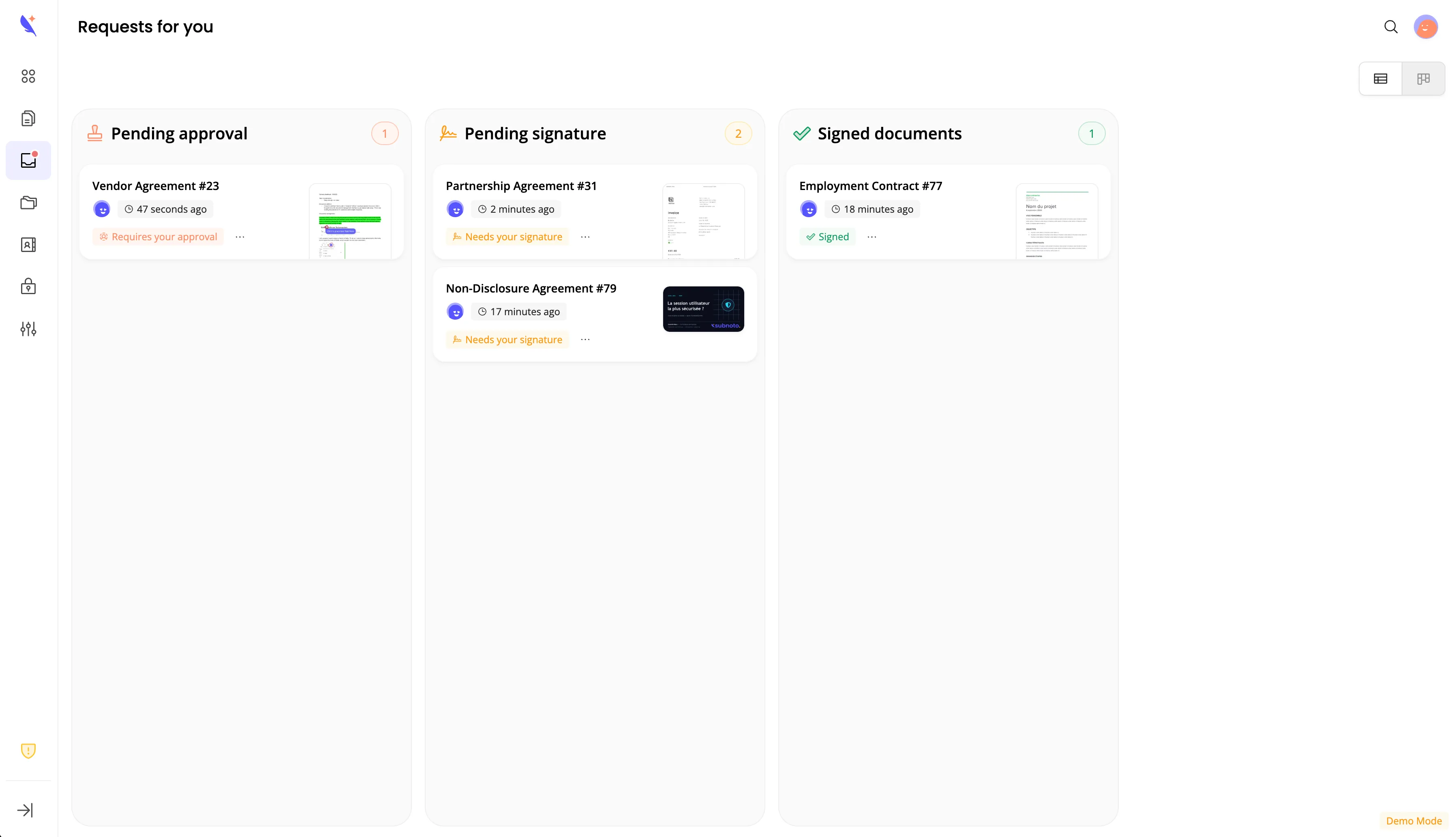Requests board showing pending approval, pending signature, and signed documents