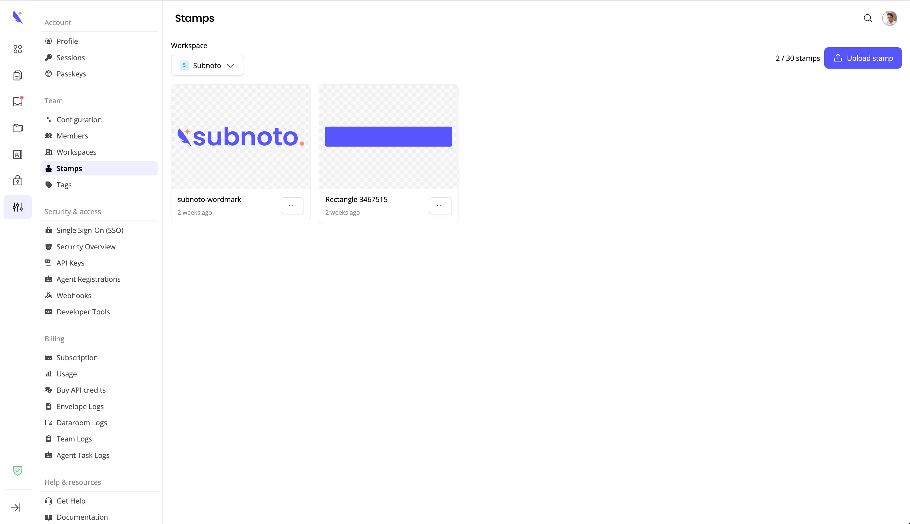 Stamps management page showing uploaded stamp images for a workspace