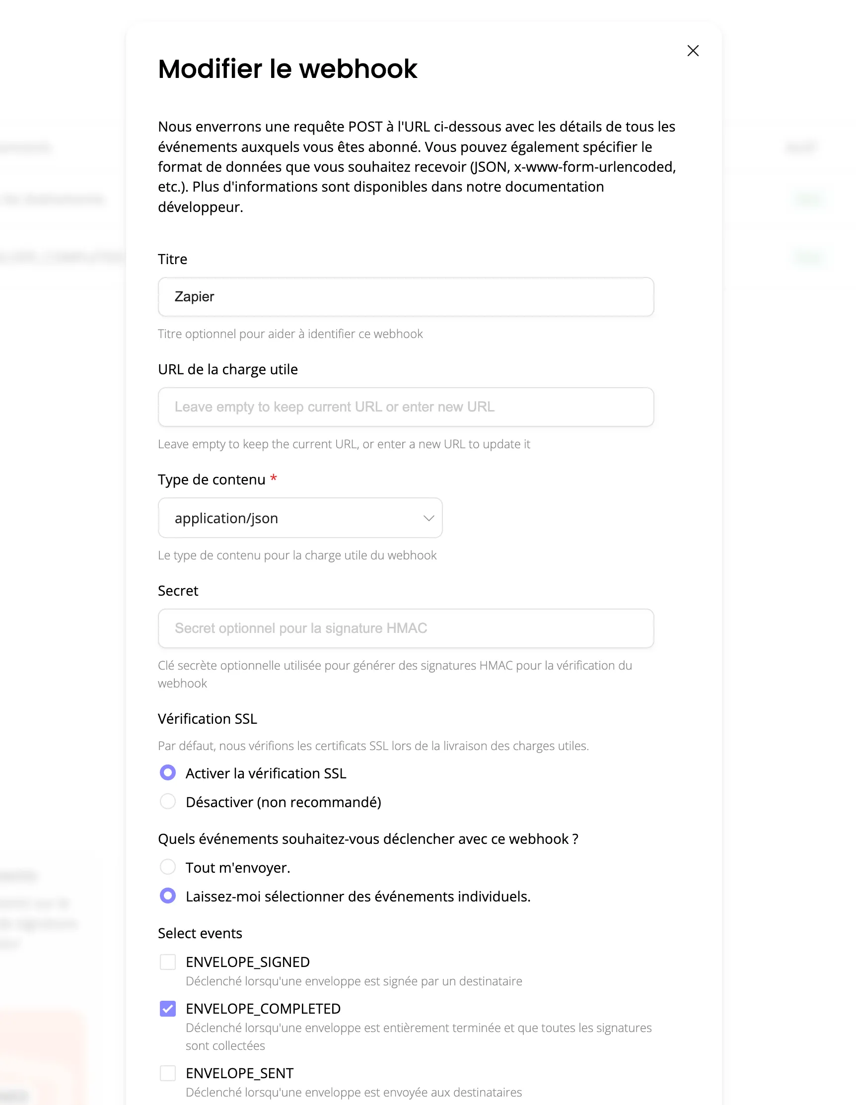 Subnoto webhook settings (paste Zapier URL and select ENVELOPE_COMPLETED)