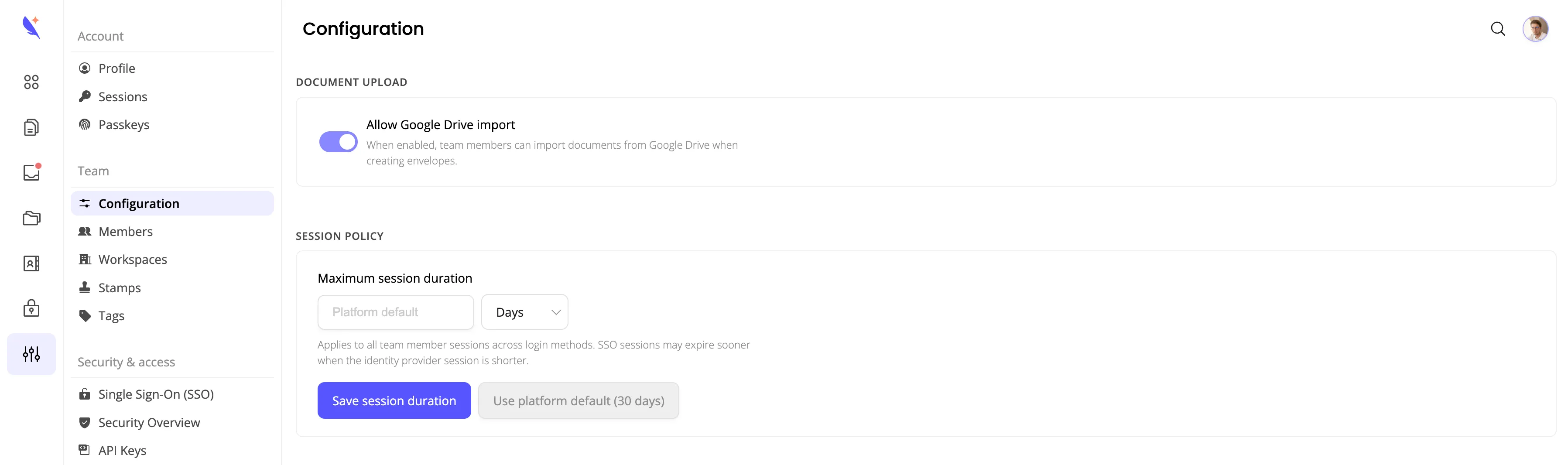 Team configuration page with Google Drive import toggle and session duration