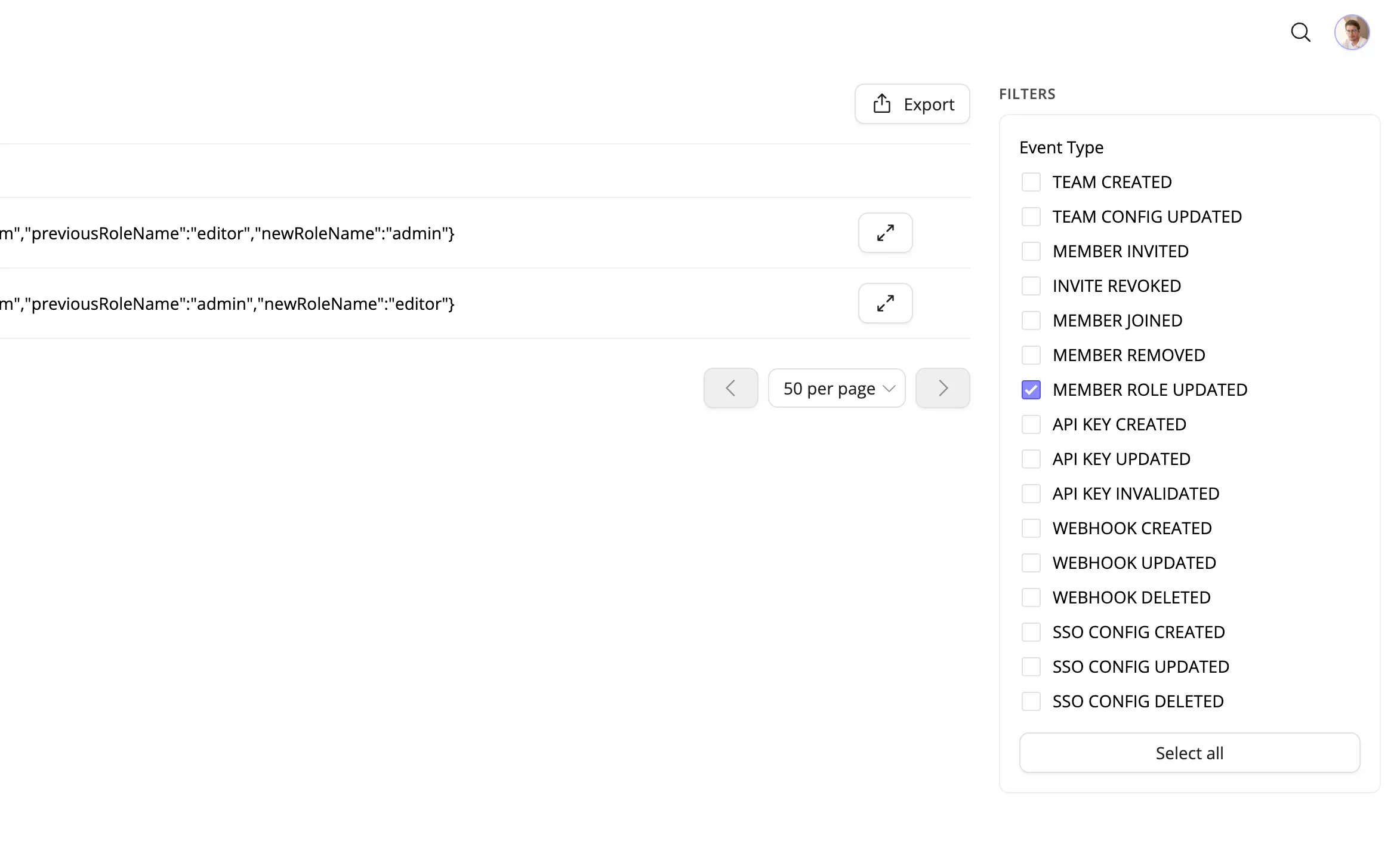 Team logs filtering by event type