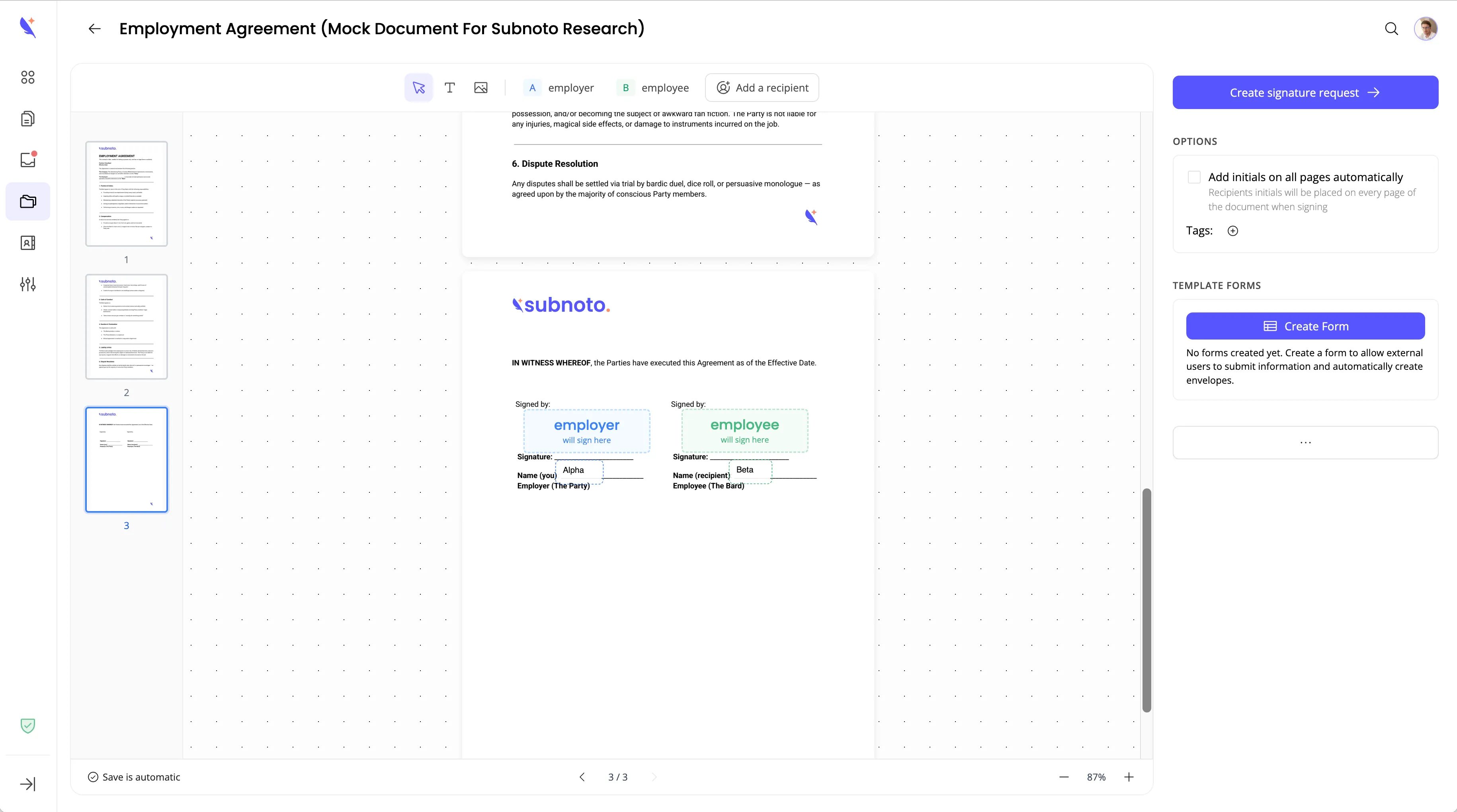 Template edit page with sidebar showing Recipients, Tags, and Template Forms