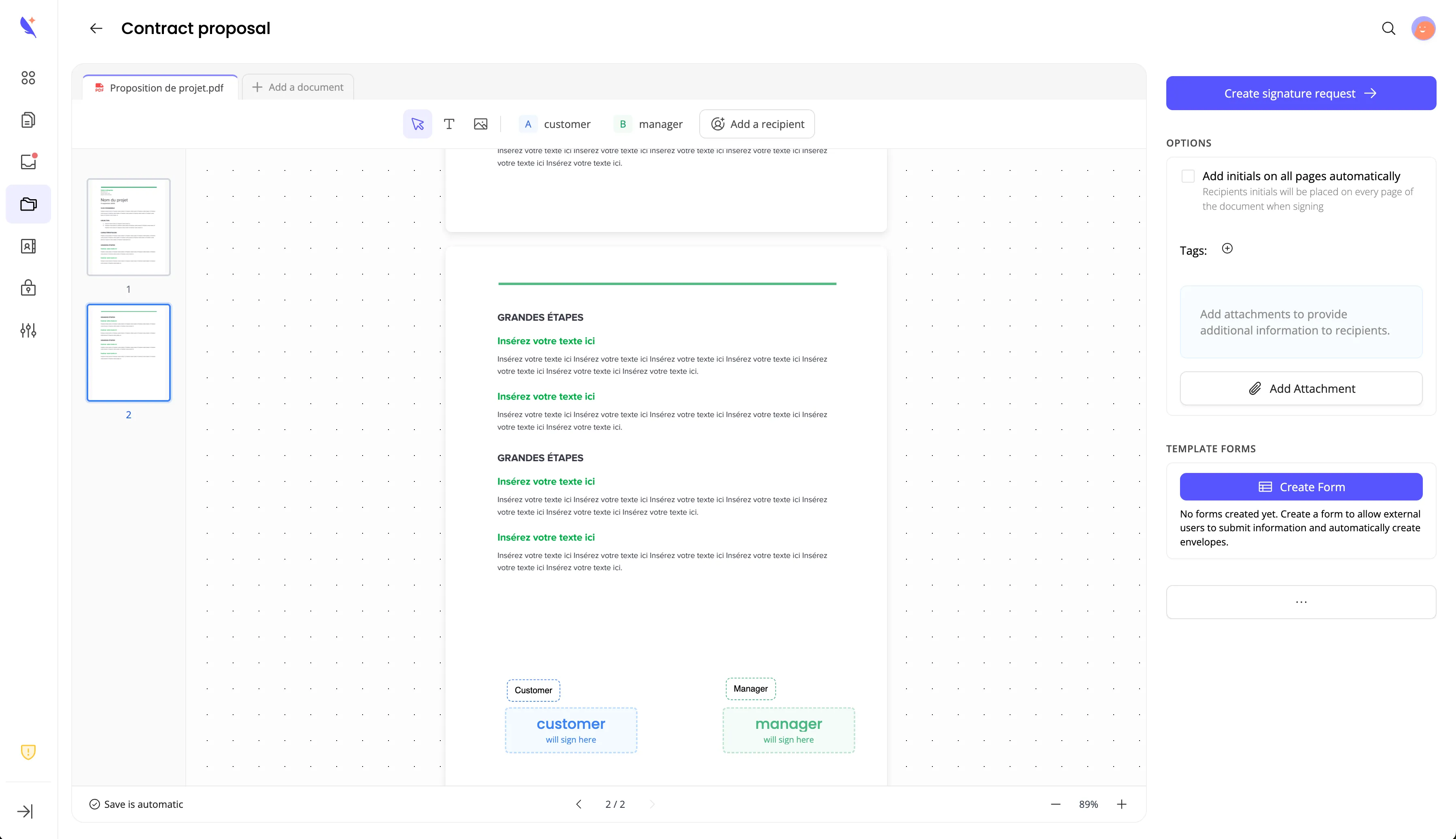 Template edit page with document preview, recipients sidebar, and template actions