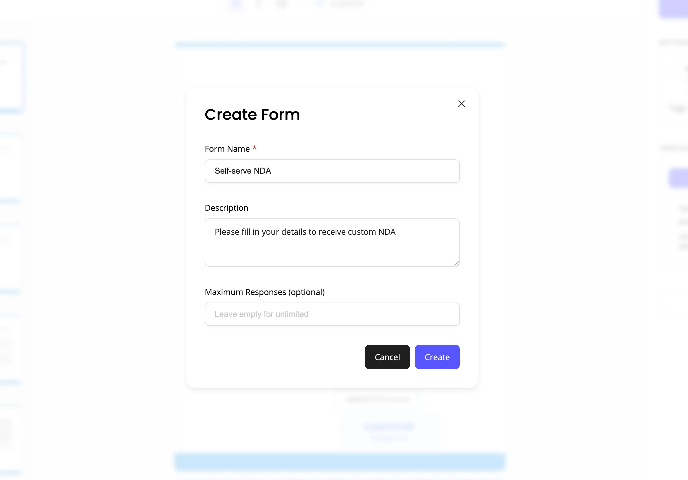 Create Form modal with name, description, and max responses