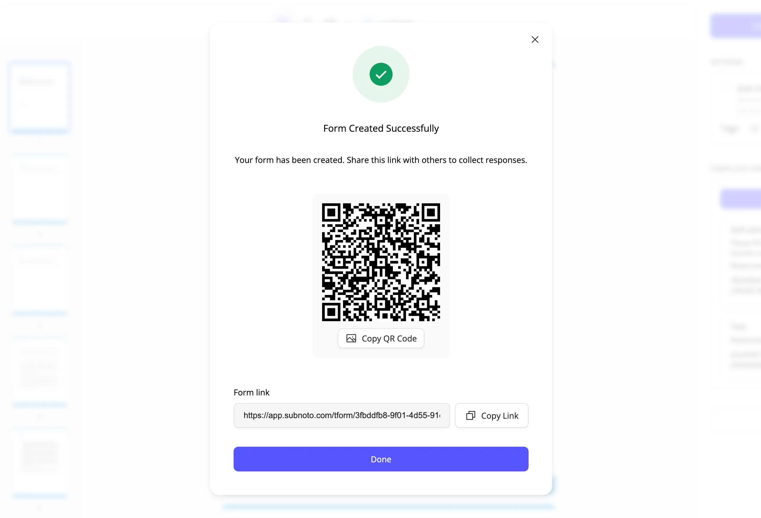 Form created confirmation with link and QR code