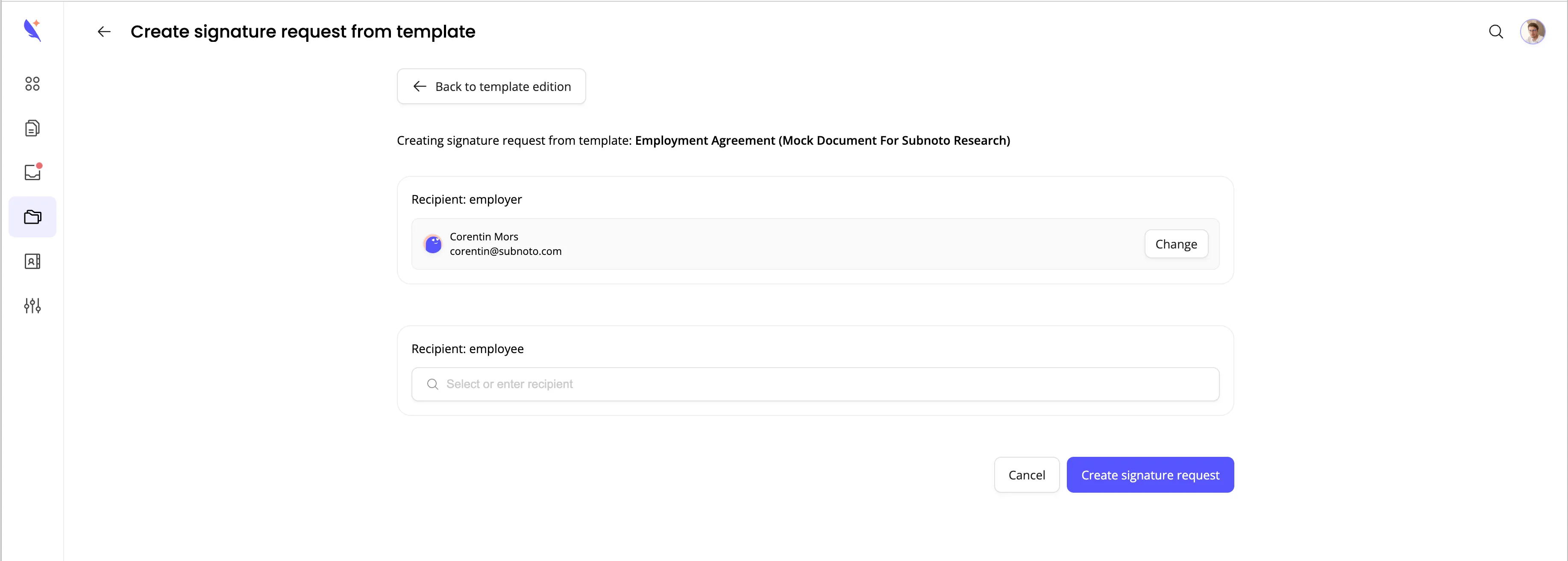 Create envelope from template page with recipient selection