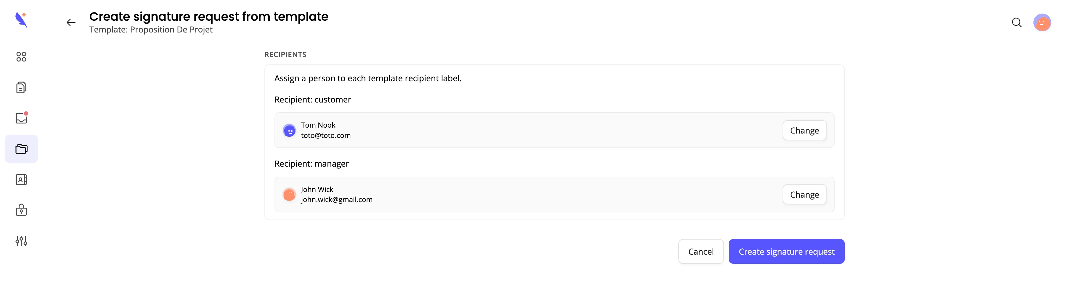 Create signature request from template page with recipient role assignment