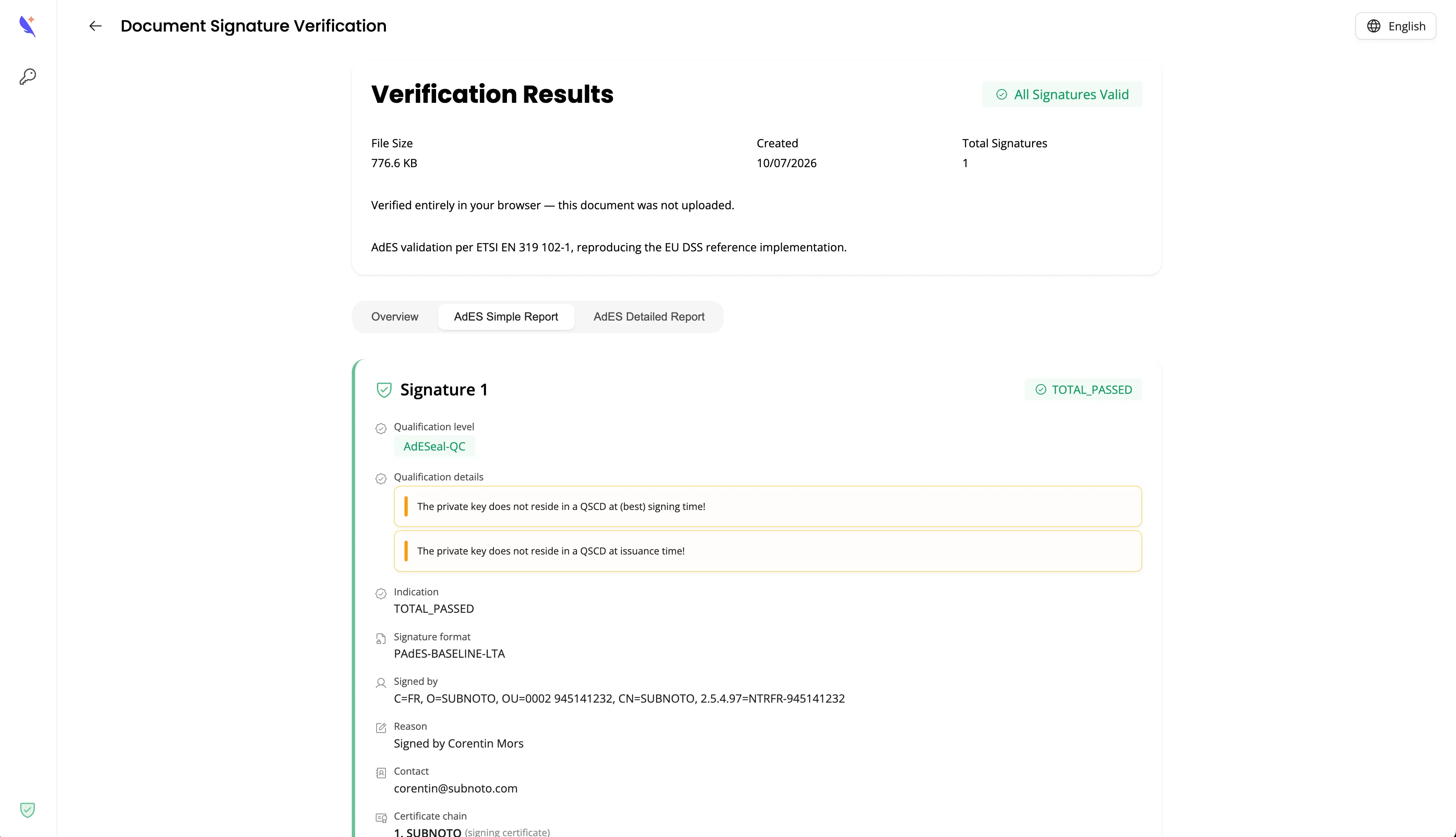 Verification results with Overview, AdES Simple Report, and AdES Detailed Report tabs