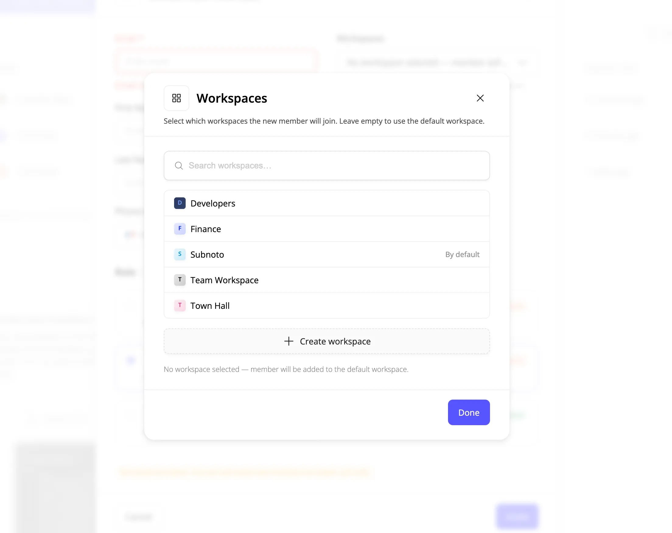 Workspaces picker modal listing available workspaces with search and create options