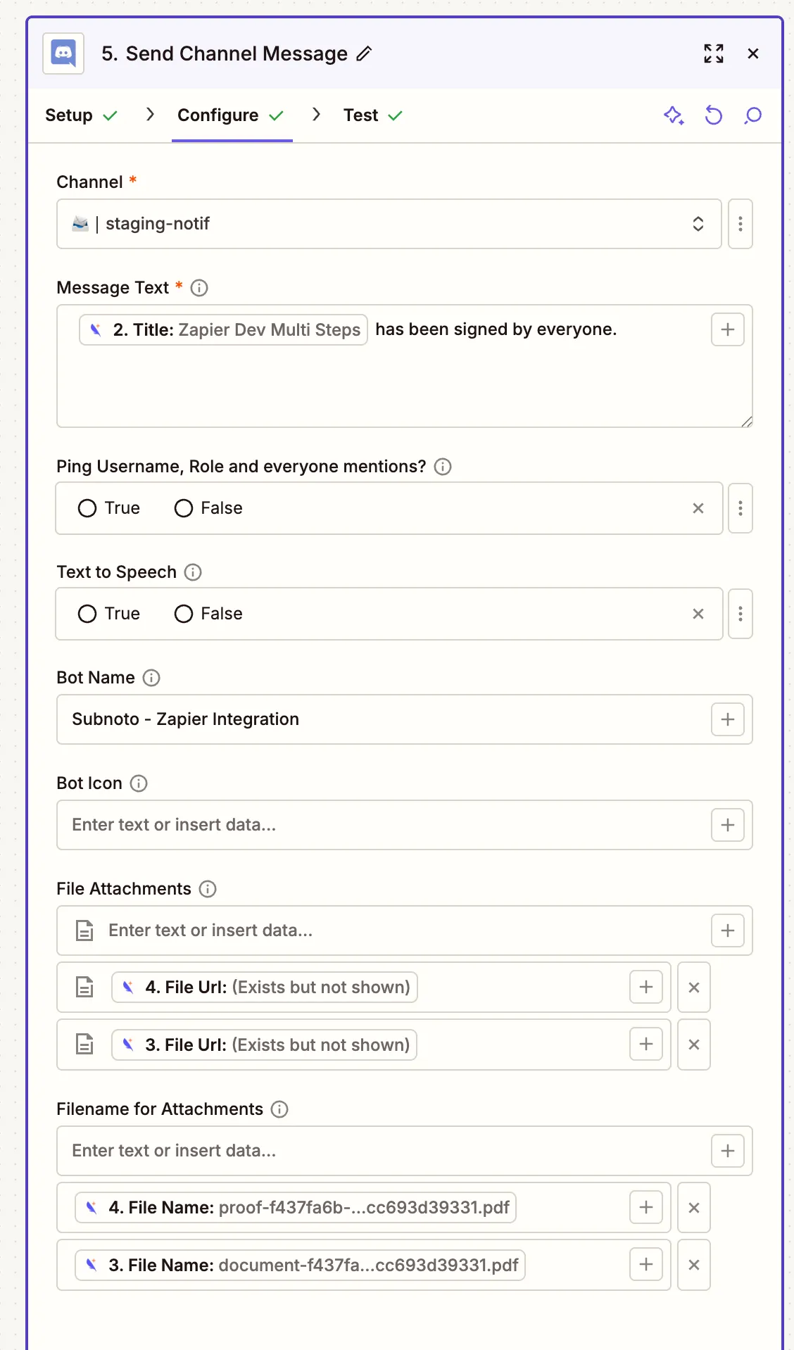 Zapier Discord Send Channel Message configuration