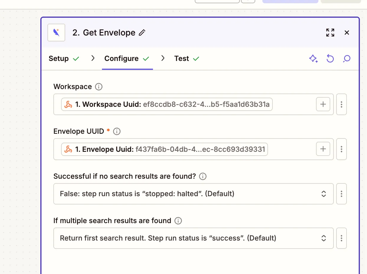 Zapier Subnoto Get Envelope configuration